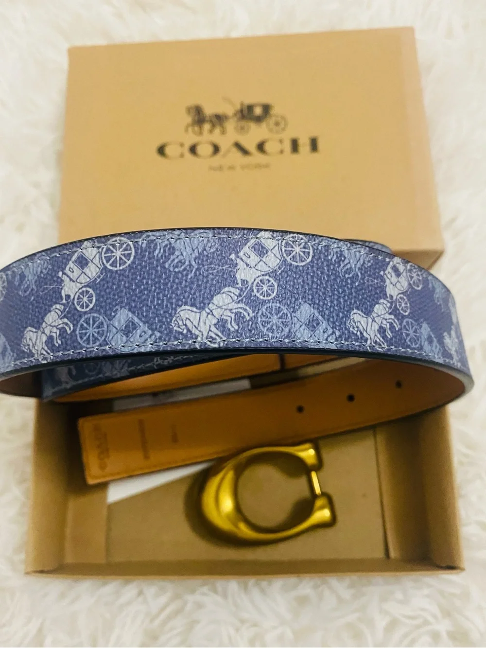 COACH Sculpted C Leather Reversible Blue/Tan Classic Horse Carriage Belt NWT⭐️